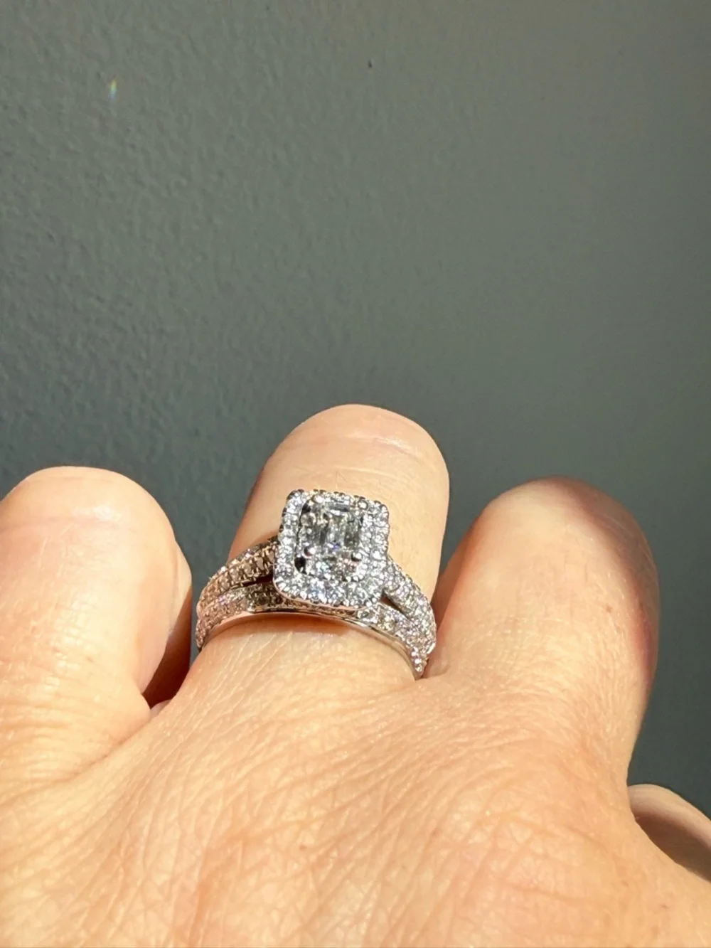Kay Jewelers Radiant Halo Diamond Ring in White with Matching wedding band - Picture 4 of 15